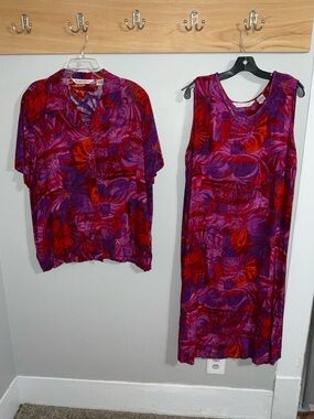 Draper’s & Damon’s Vibrant Red & Purple Tropical Tank Dress and Shirt Set 1X